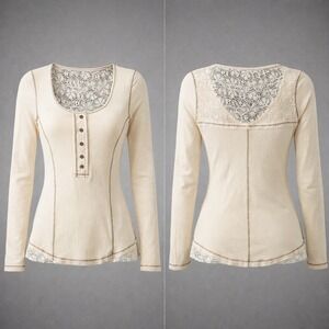 NWT Living Doll LA Cream Waffle Knit Lace Henley Top Long Sleeve Boho Thermal SM